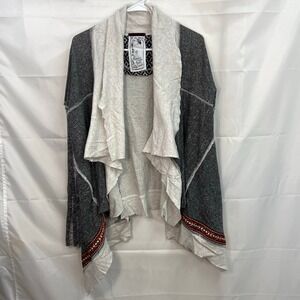 Memory Lane Knits Scrapbook gray embroidered open drapey knit cardigan sweater